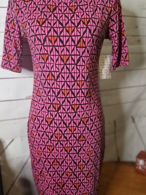 LuLaRoe Pink Geometric Asymmetrical Dress with Red Accents